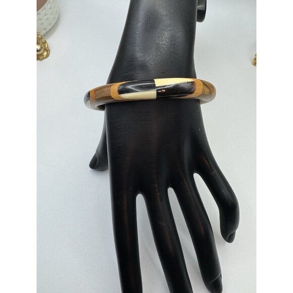 Modernist Boho Wood & Acrylic Bangle Bracelet Black Brown Tan Color Block 8" - Picture 2 of 6